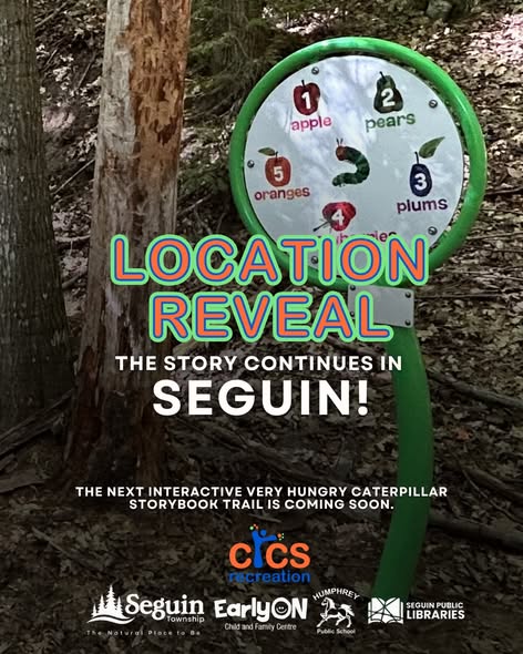 Location reveal, the story continues in Seguin! The next interactive very hungry caterpillar storybook trail is coming soon. Nature trail story book sign picture in the background.