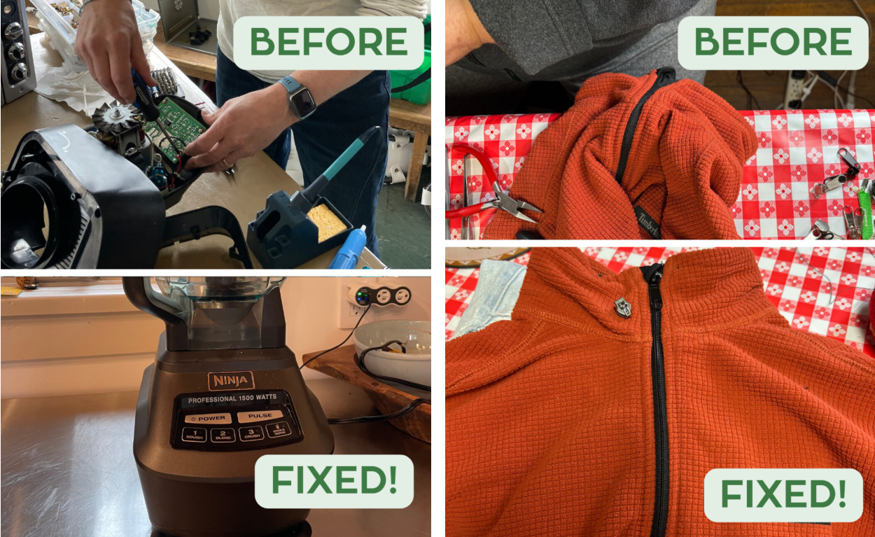 Before and after results of a broken blender and damaged zip shirt