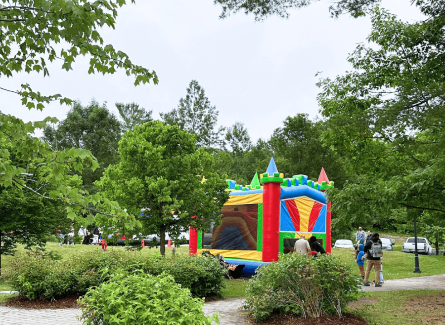 Bouncy castle surrounded by trees