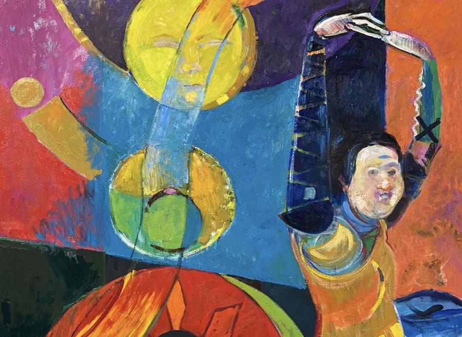 abstract painting of shapes and one person