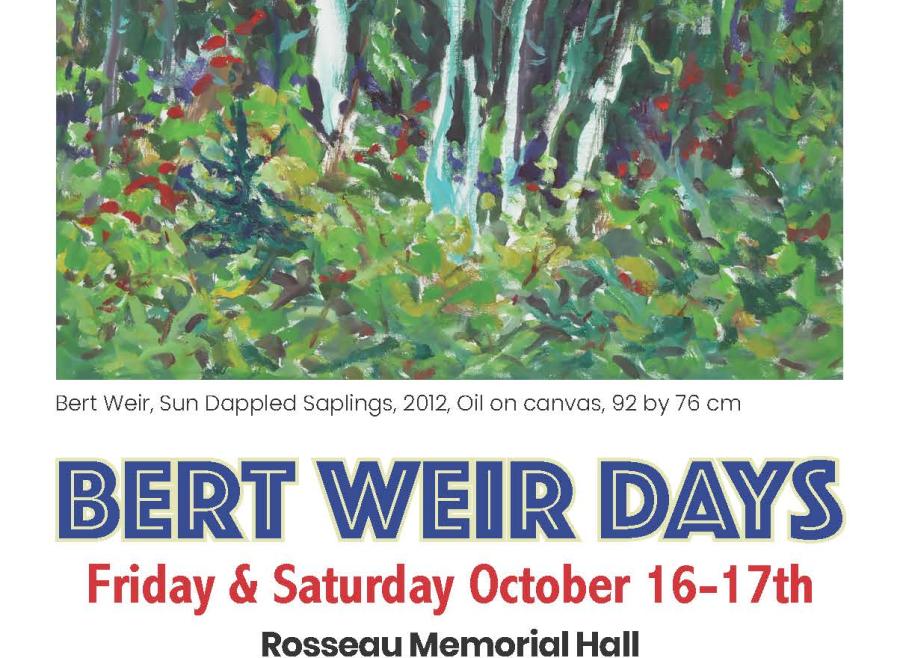 Bert Weir Days flyer featuring the Sun Dappled Saplings oil on canvas, 92 by 76 cm, painted by Bert Weir.