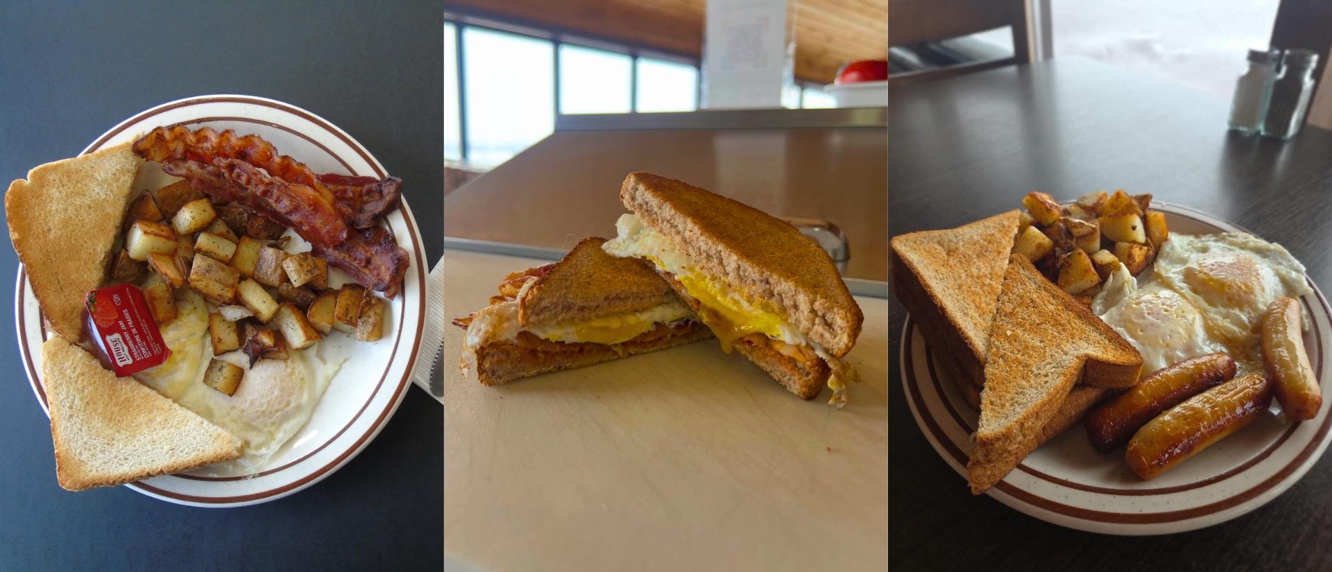 Images side by side each of a breakfast entree with bacon, an egg sandwich and another breakfast entree with sausage