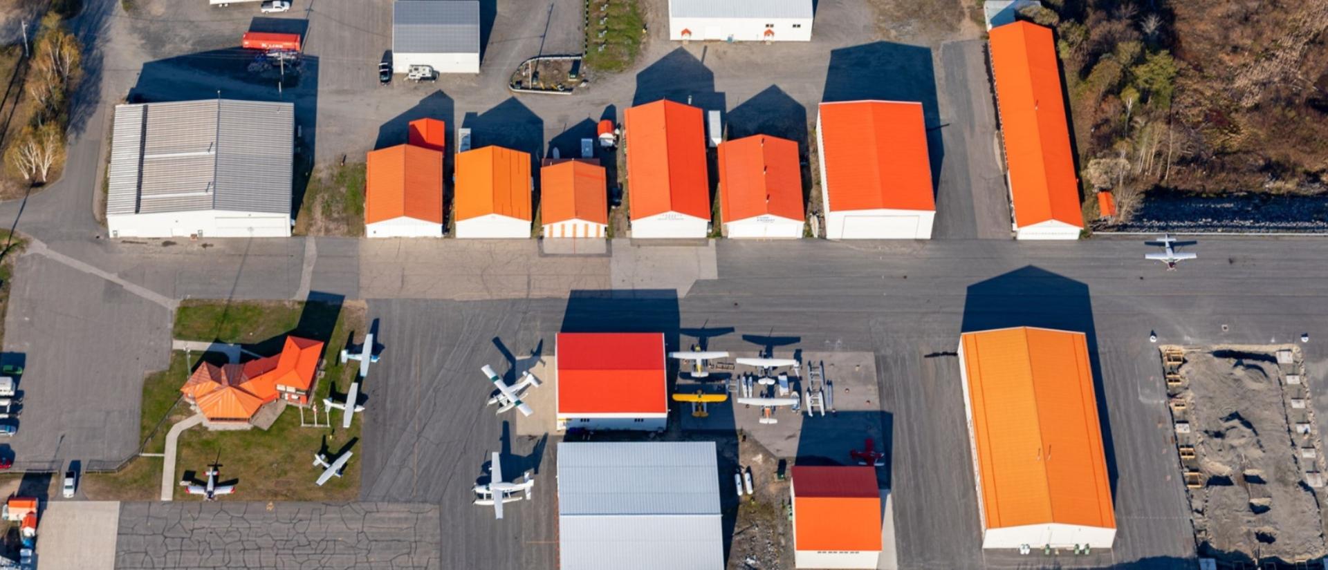 Overhead image of buildings on airport property