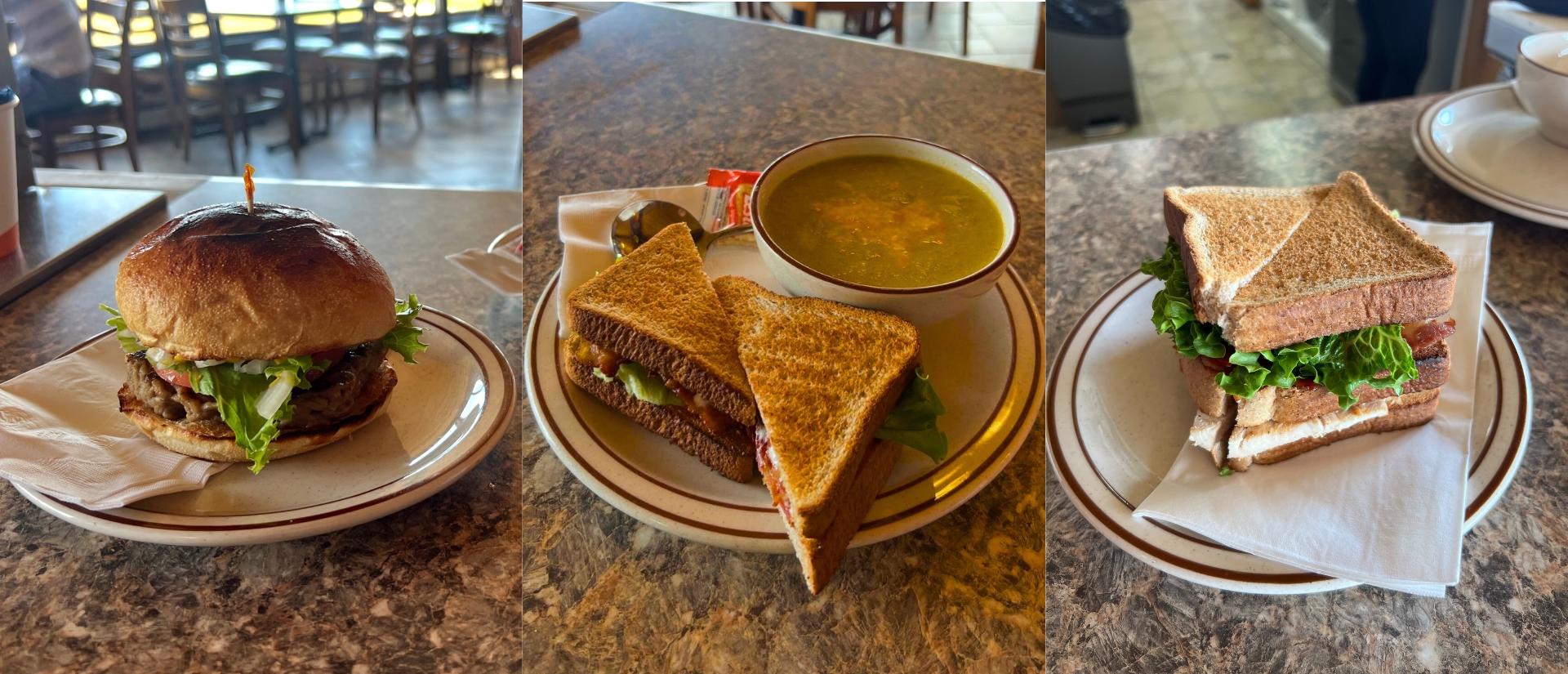 Images side by side each of a cheeseburger, a sandwich on a plate with a bowl of soup, and an individual sandwich on top of a plate