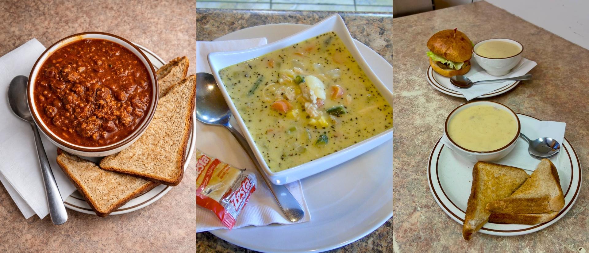 Collage of images of chilis, soups and sandwiches