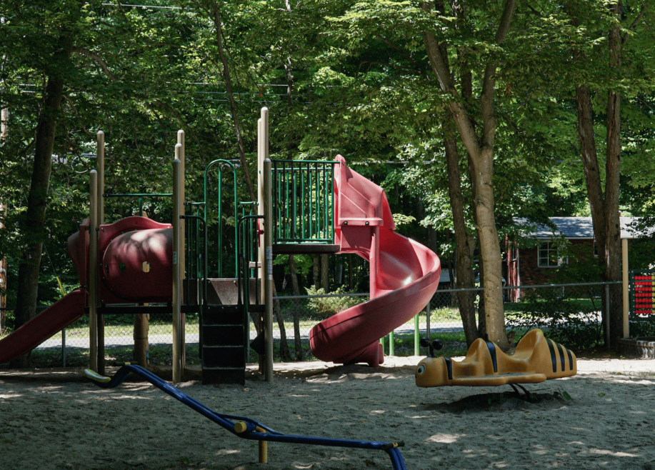 slide and playground surrounded by trees on summery day