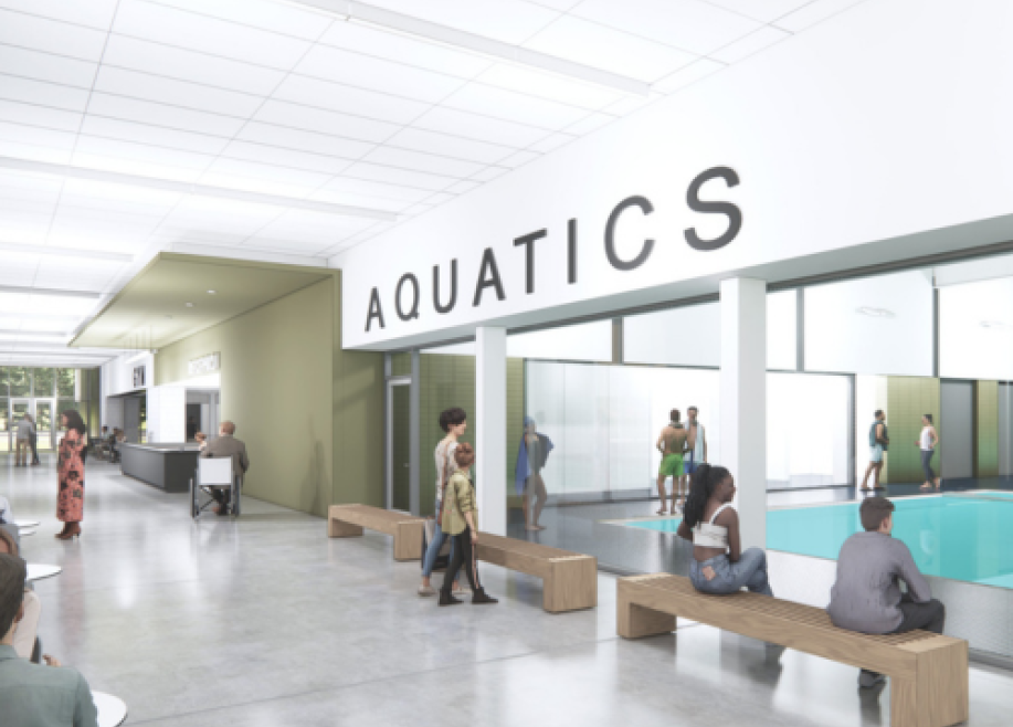 Rendering of a hallway with windows overlooking a swimming pool